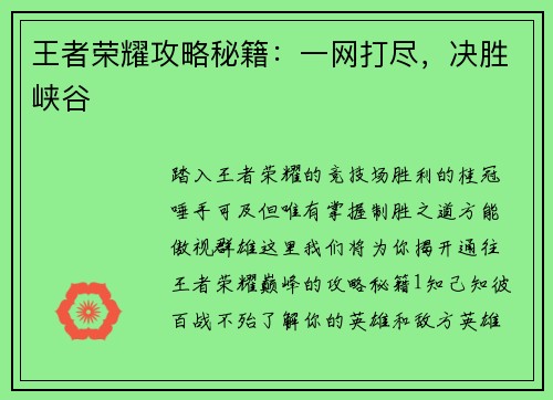 王者荣耀攻略秘籍：一网打尽，决胜峡谷